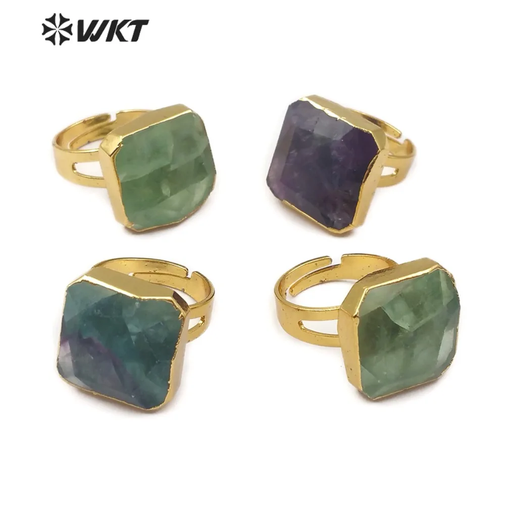 WT R211 горячая Распродажа кольца из природного радужного флюорита с золотым