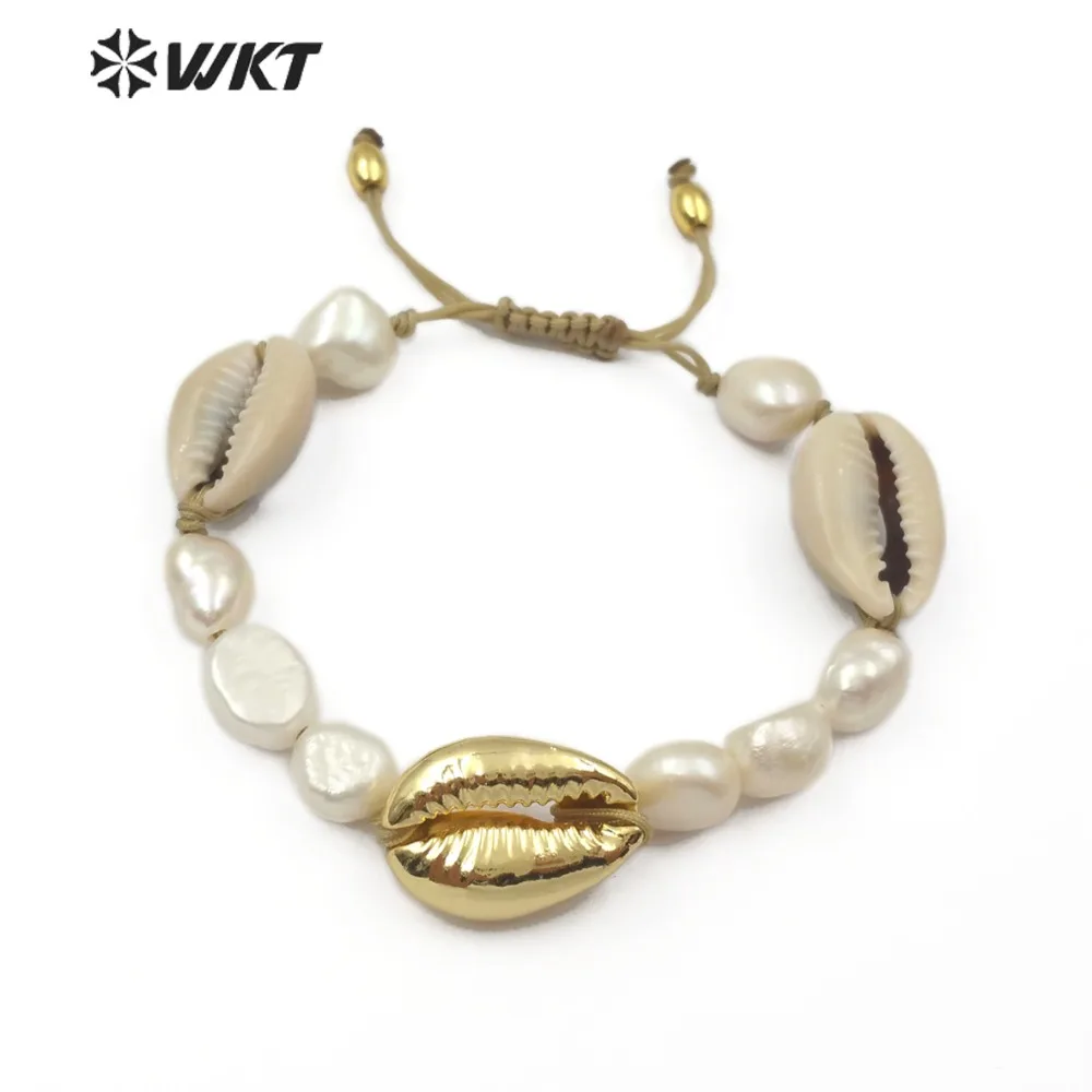 WT-B455 натуральный пресноводный жемчуг и браслет в форме раковины каури белый жемчуг с Cowire She0ll очаровательный браслет ручной работы летние пляжные украшения