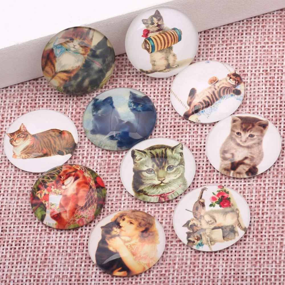 

onwear 20pcs mixed cute cat photo round dome glass cabochon 25mm diy flatback handmade jewelry findings for pendant making