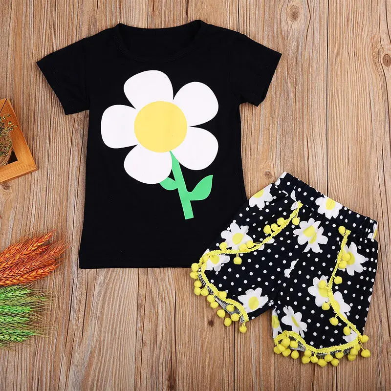 Хлопковая футболка с коротким рукавом и шорты кисточками в горошек|girls outfits|baby girl