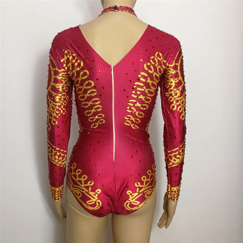 Gold red crystal Rhinestones Bodysuit Occident Bar female singer DJ DS Costume Nightclub sexy stage performance dance catsuits