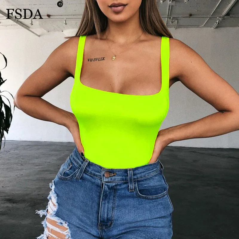 Neon Green FSDA квадратный воротник неоновый зеленый без рукавов боди Лето Спагетти ремень уличная одежда с открытой спиной сексуальный Повседневный Женский обтягивающий комбинезон - Цвет: Neon Green