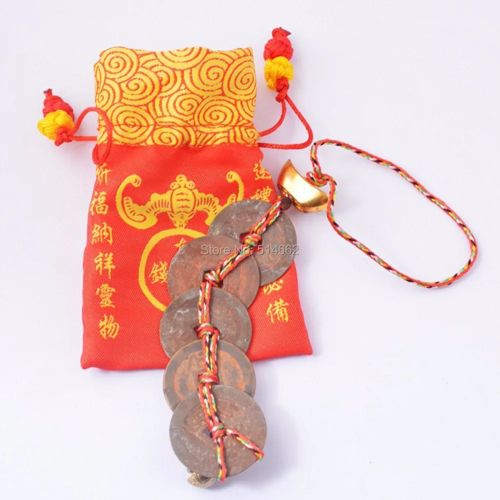 Китайская фэн-шуй монета с пятью императорами 28 мм красным мешком Y1088 | Дом и сад