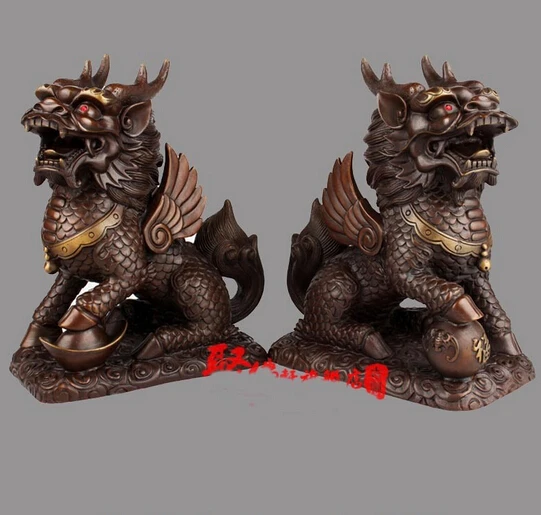 Китай (материк) Бронзовый фэншуй Yuanbao мяч Единорог kylin Kirin Foo собака статуя льва