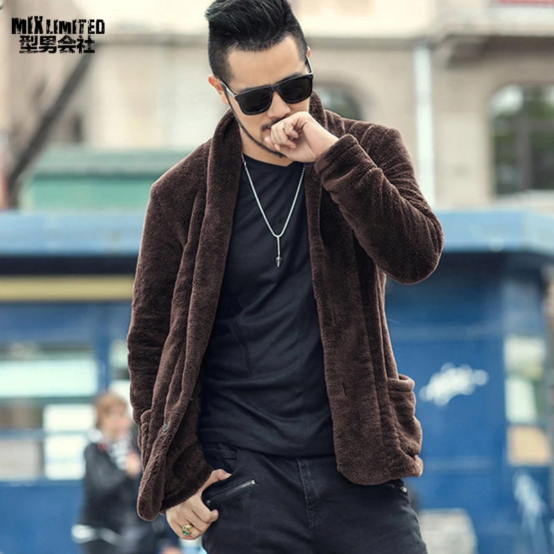 Мужской новый зимний плюшевый пушистый костюм кардиган метросексуал мужской
