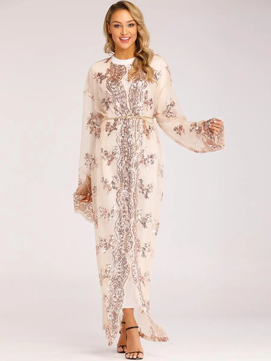 Женское кимоно с блестками Абая Дубаи платье-Кардиган длинным рукавом |