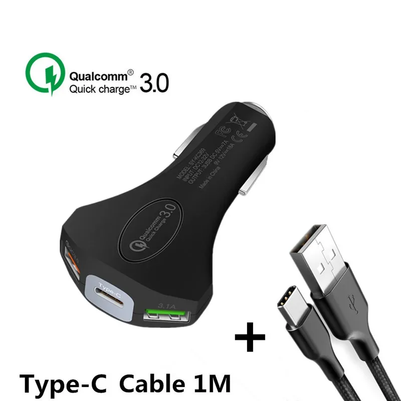 Black Type C Cable USB Car Charger Quick Charge QC 3.0 Fast Charging Adapter Dual USB Car-Charger For iphone Micro USB Type C Cable Phone Chargers - Тип штекера: Black Type C Cable
