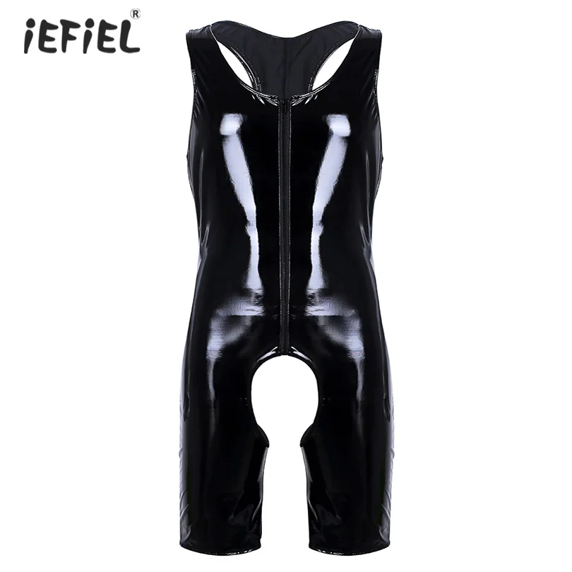 

Mens Sleeveless Open Crotch PVC Latex suit lingerie Catsuit Wetlook Patent Leather Costumes Crotchless Bodysuit Erotic Clubwear