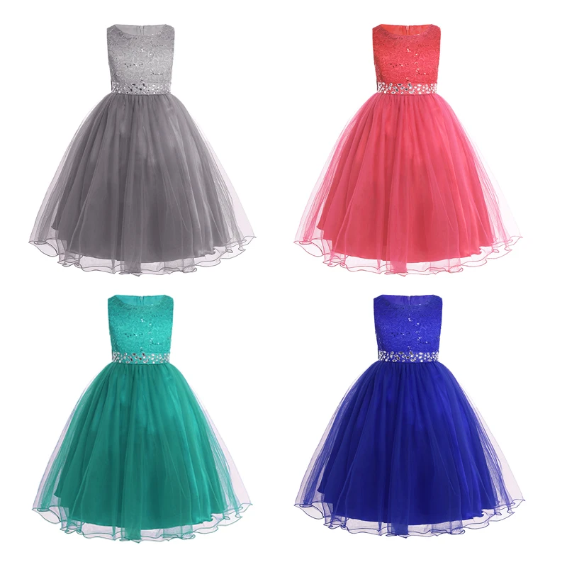 Teen Girls Sleeveless Sequins Lace Mesh Flower Girl Dress Princess Pageant Ball Gown Wedding Party with detachable sashes | Детская