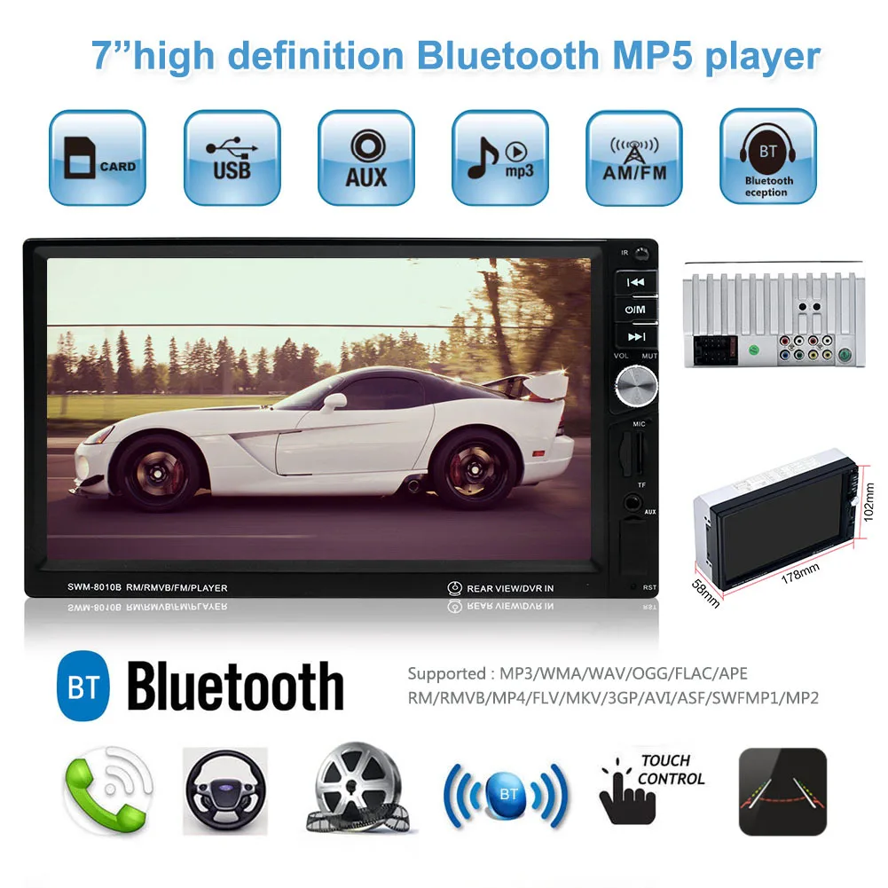 7" HD Player MP5 Touch Screen Digital Display Bluetooth Multimedia USB Car Radio Autoradio 2 Din Video | Автомобили и