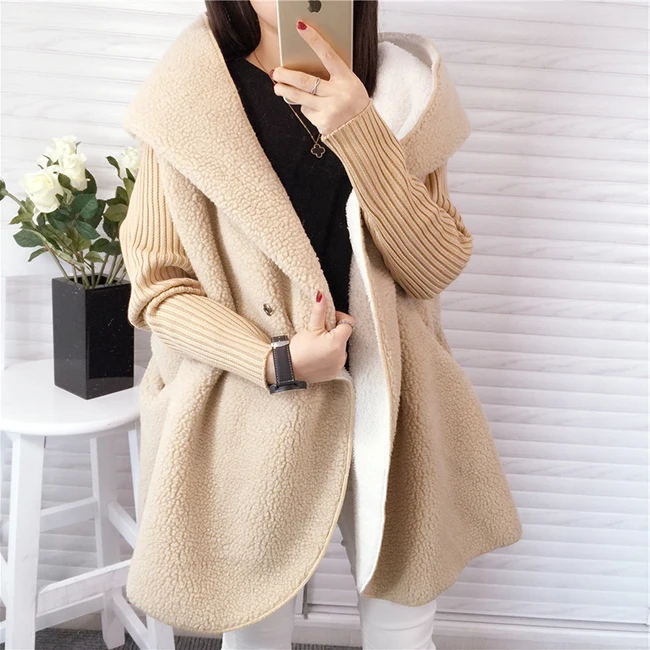 Women Fashion Sweater Cardigan Long Paragraph Lamb Hair Thick Loose Hooded Jacket Solid Color Winter Warm Wild Coat Best Gifts |