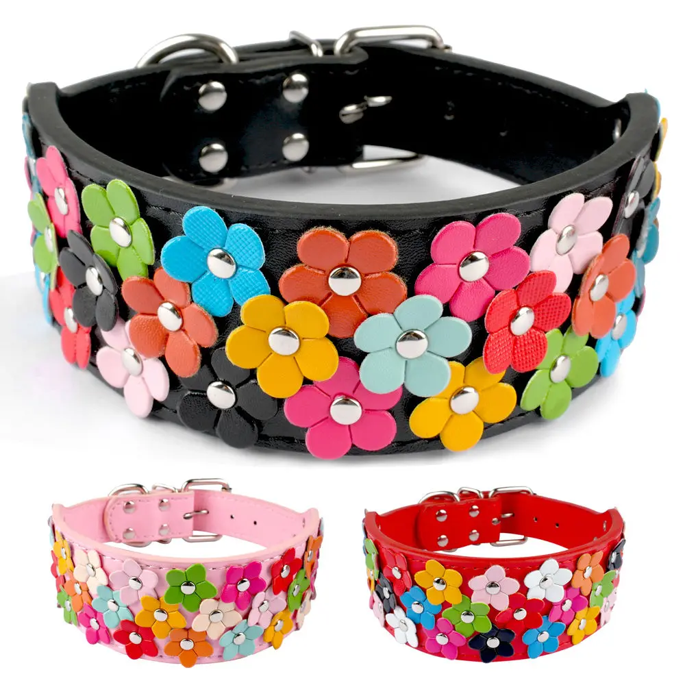 

2'' Width Flower Studded PU Leather Pet Dog Collars Vogue for Medium Large Dogs