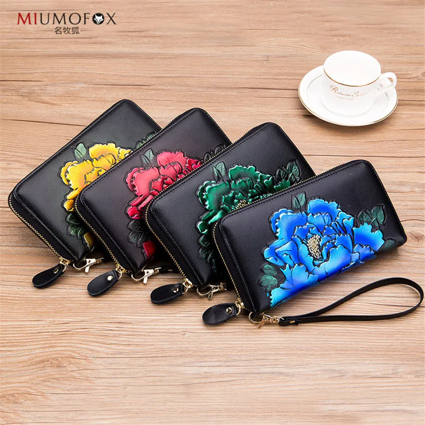 Chinese Style Purse Peony hand-painted Lady Long Wallet Cow Leather 24 Card Holders Simple Fashion Luxury Woman Holder W236 | Багаж и