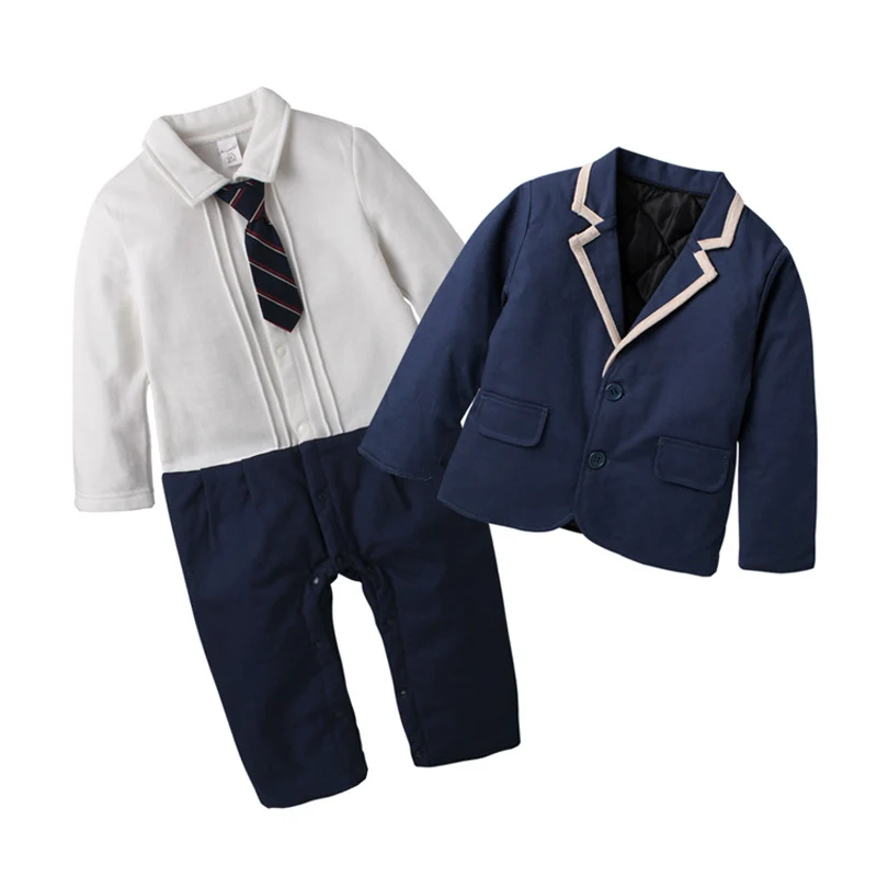 Navy Blue IYEAL Одежда для новорожденных мальчиков официальная одежда для детей, Комплект комбинезонов, хлопковый костюм джентльмена из модный галстук-бабочка, детский комбинезон, комбинезоны+ куртка 2 шт./компл - Цвет: Navy Blue