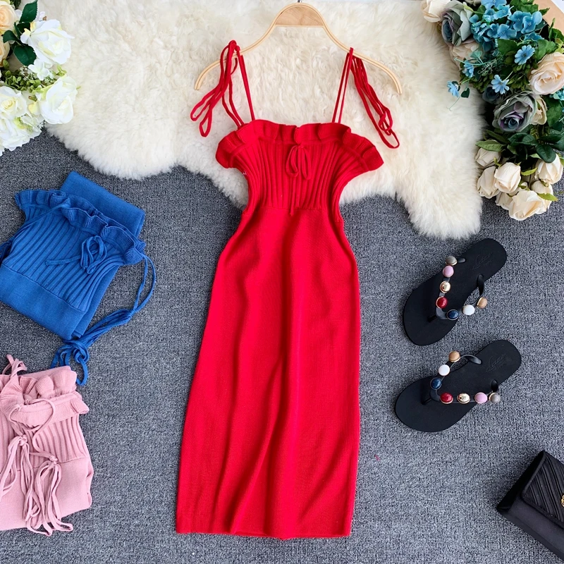 ALPHALMODA японское Милое трикотажное платье с оборками, высокая талия, женское сексуальное платье на бретелях, Пляжное праздничное вязаное платье, карамельный цвет