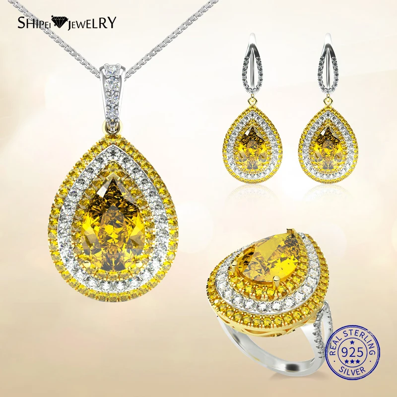 

Shipei 100% Sterling Silver Fine Jewelry Set Luxury White Gold Water Drop Yellow Sapphire Earrings Necklace Ring Set for Women