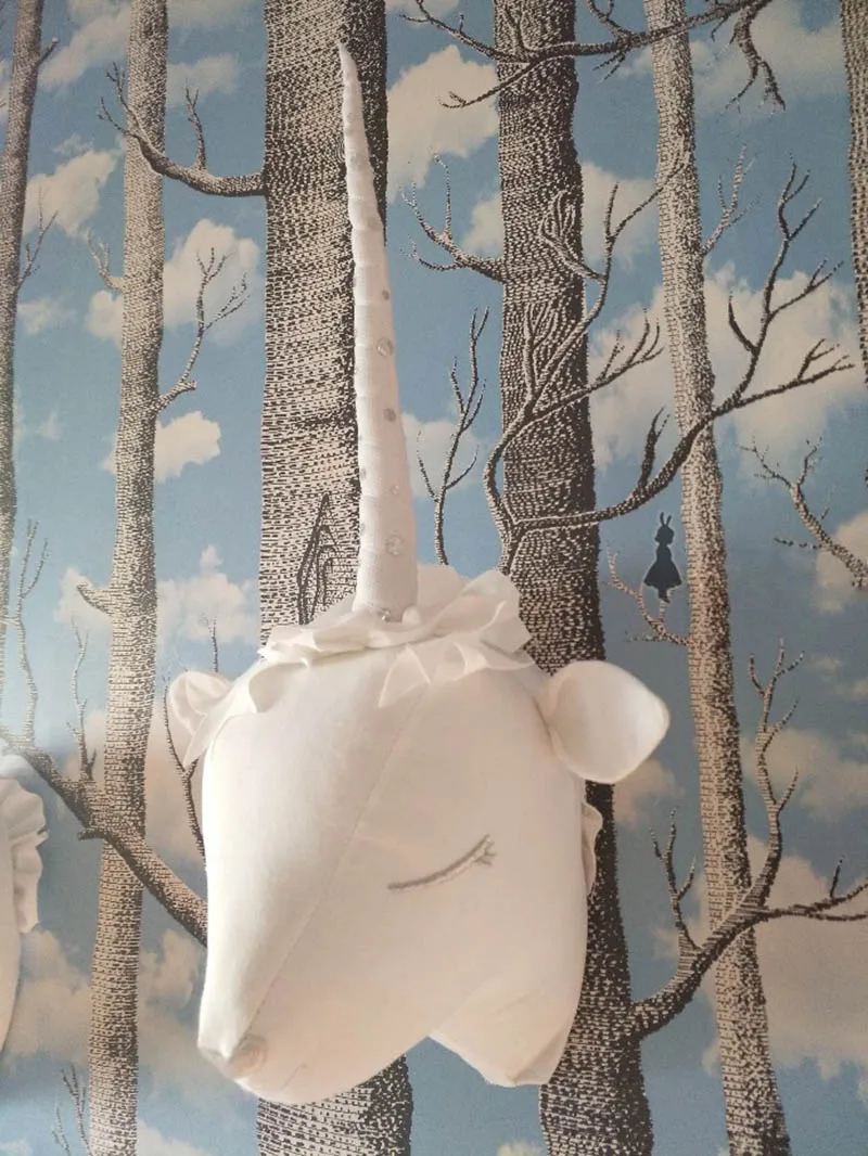 white unicorn Единорог, северный олень, мягкая игрушка, 3D голова животного, Настенный декор, детская комната, настенное крепление, произведение искусства, домашний декор, Детский Рождественский подарок - Цвет: white unicorn