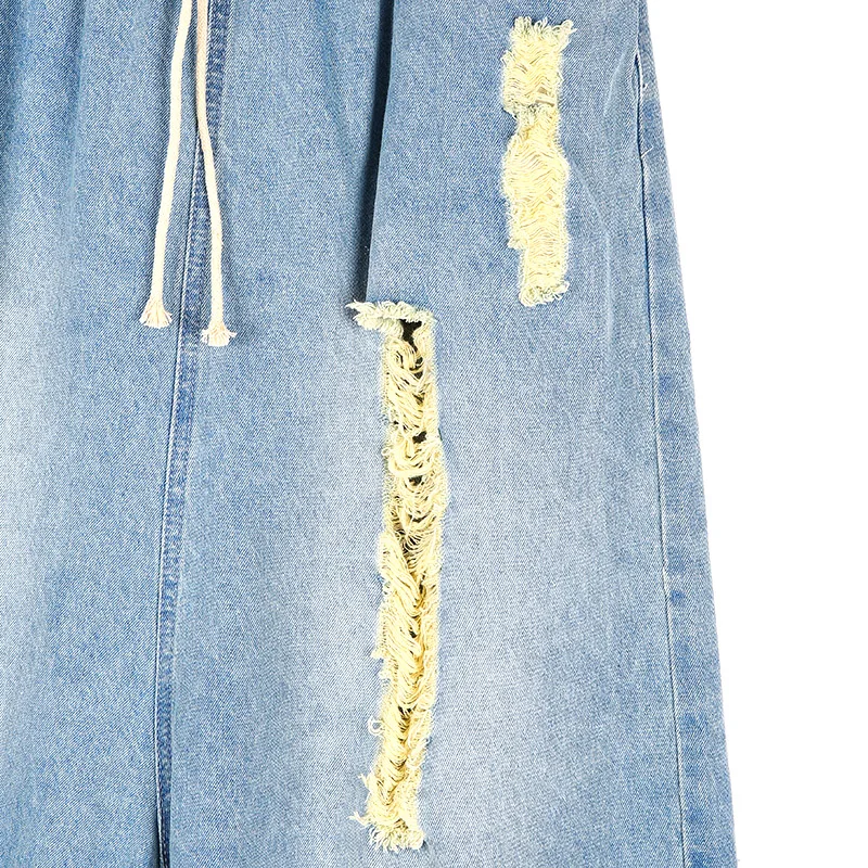[LONGDENG] 2018 High Elastic Waist Light Blue Denim Holes Plus Size Women Wide Leg Pants Jeans Casual Trousers Fashion 18-3151 | Женская