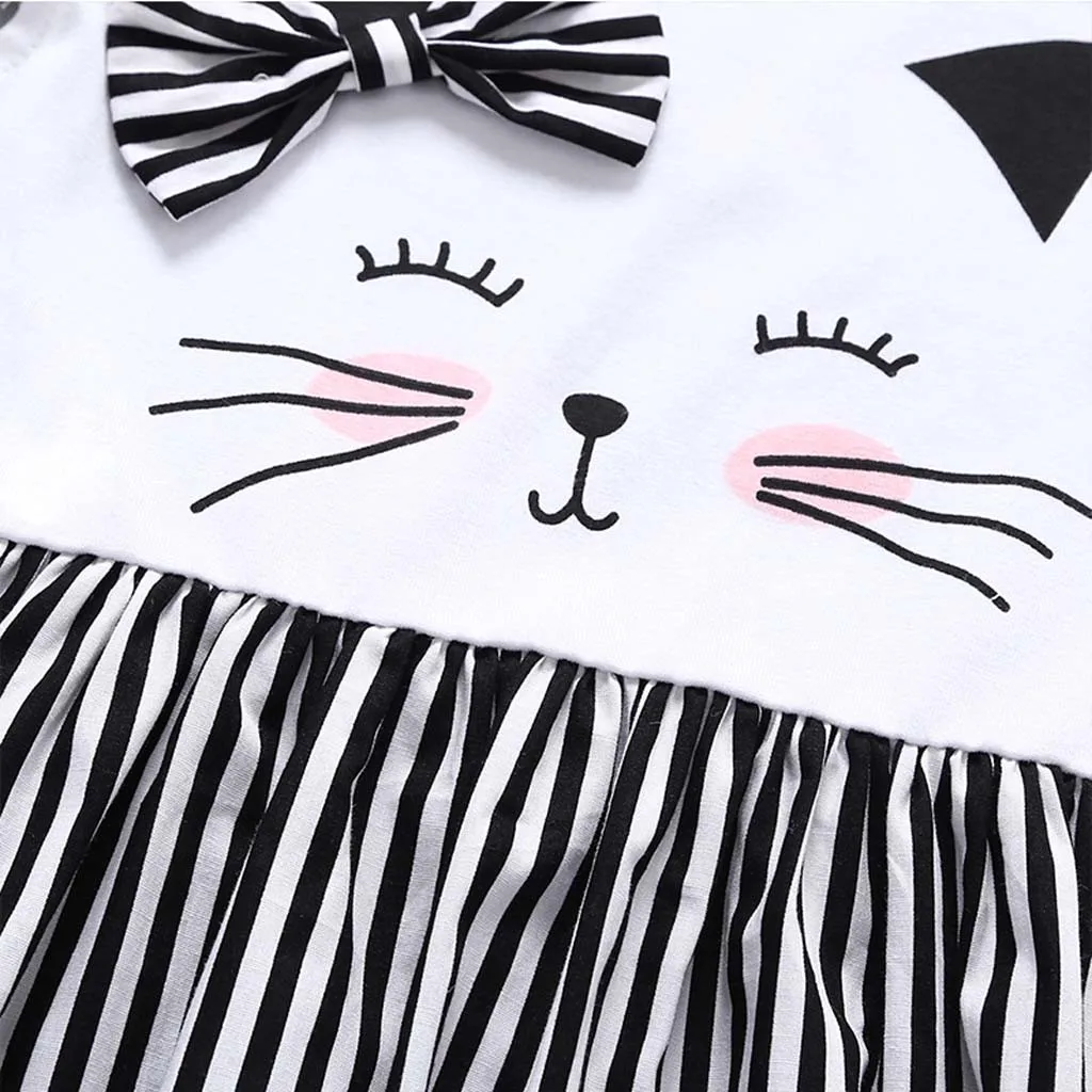 Летнее Новое модное платье принцессы в полоску без рукавов с принтом кота для