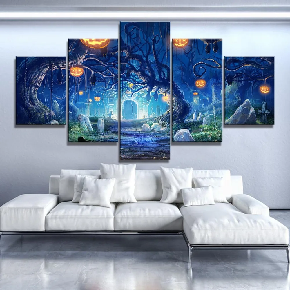 5 pieces HD print large Halloween pumpkin tree landscape painting in home decoration wall canvas art | Дом и сад