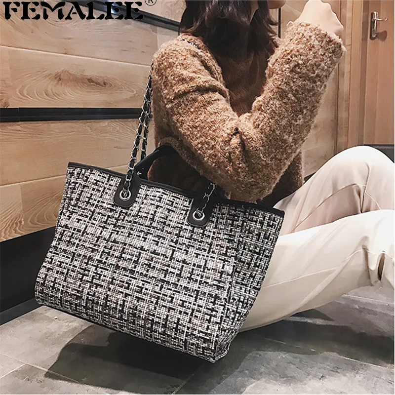FEMALEE, женские большие сумки,, контрастные Сумки из искусственной кожи, женские дизайнерские сумки, большие твидовые цепи, сумка-мешок на плечо