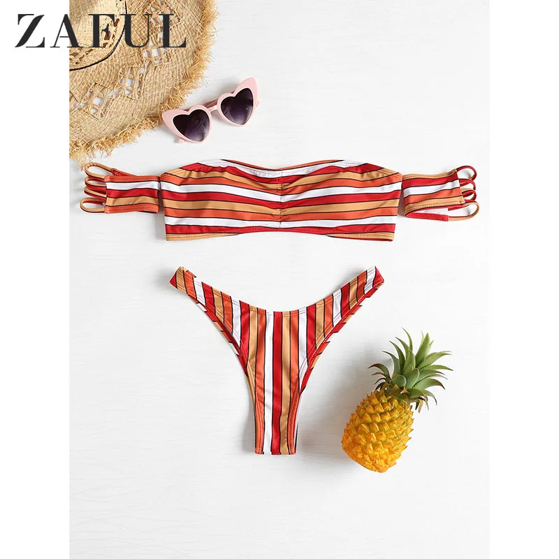 ZAFUL с открытыми плечами высокая нога полосатый купальник бикини бандаж для