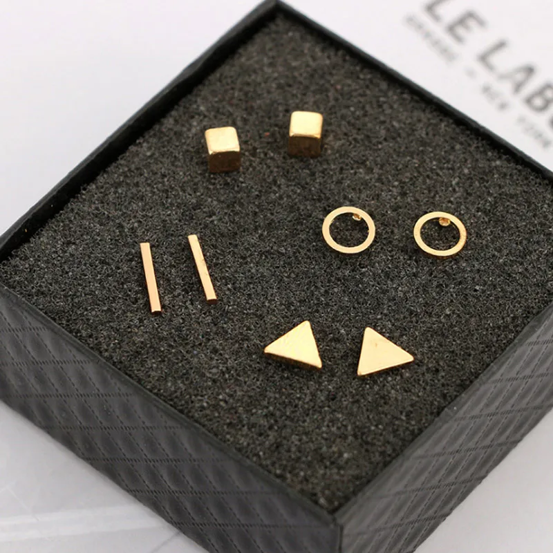 Gold Color Большой J.W 4 пар/компл. Треугольники, круглая, квадратная, Т-образная маленькие серьги-гвоздики в виде геометрических фигур для Для женщин минимализм цвет серебристый, золотой черный женские круглые серьги из сплава - Окраска металла: Gold Color