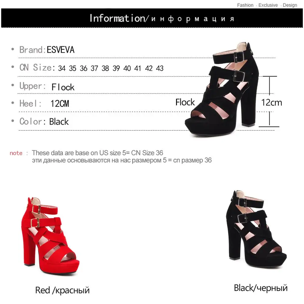 

ESVEVA 2019 Women Sandals Square Super High Heel Peep Flock Double Elegant Buckle Gladiator Sexy Ladies Pumps Size 34-43