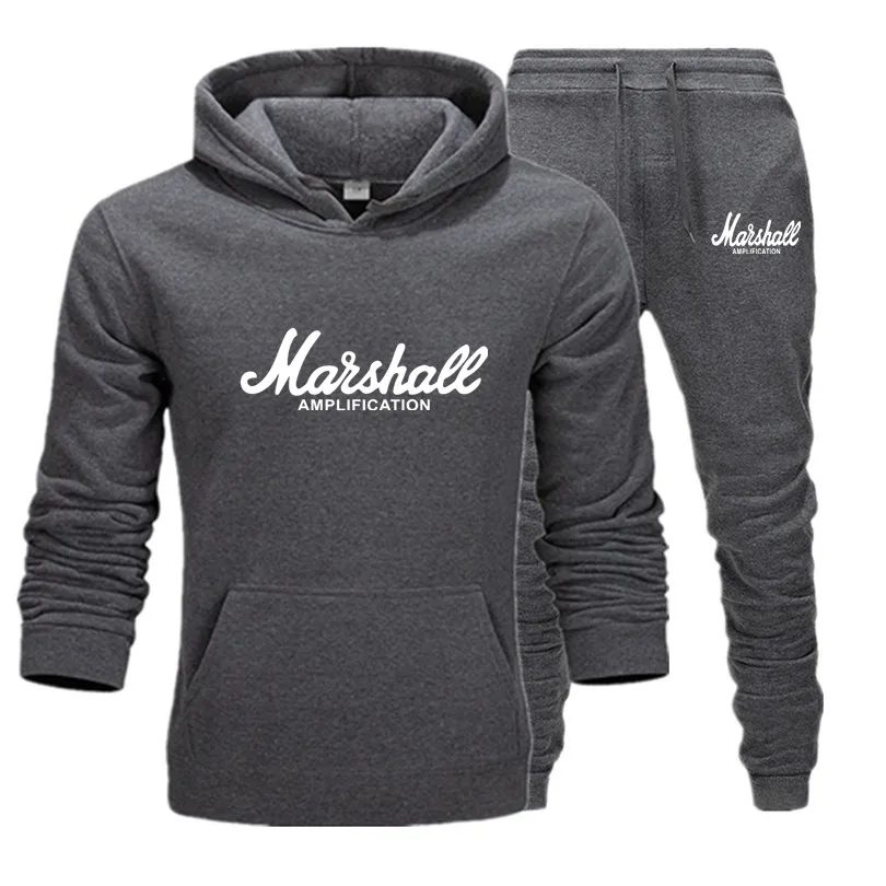 Горячий Marshall мужской костюм с капюшоном усиленная Мужская мода толстовки+ брюки Зима Осень Хип-хоп Брендовые мужские комплекты с капюшоном M-3XL - Цвет: Dark gray218-220