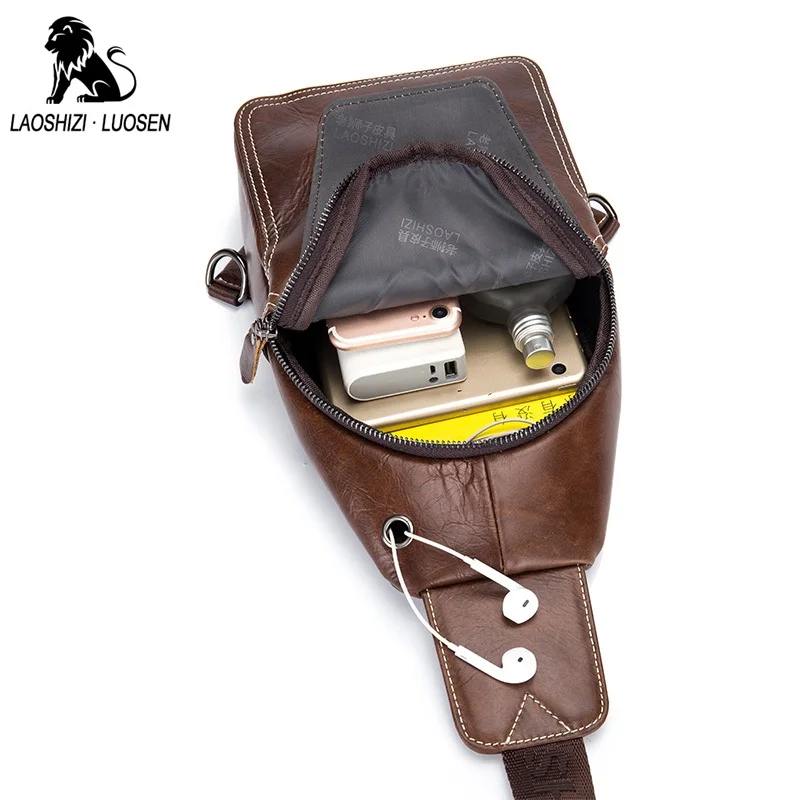 LAOSHIZI LUOSEN New Genuine Leather Men Shoulder Crossbody Bags Vintage Casual Chest Male Travel Single Strap Pack | Багаж и сумки
