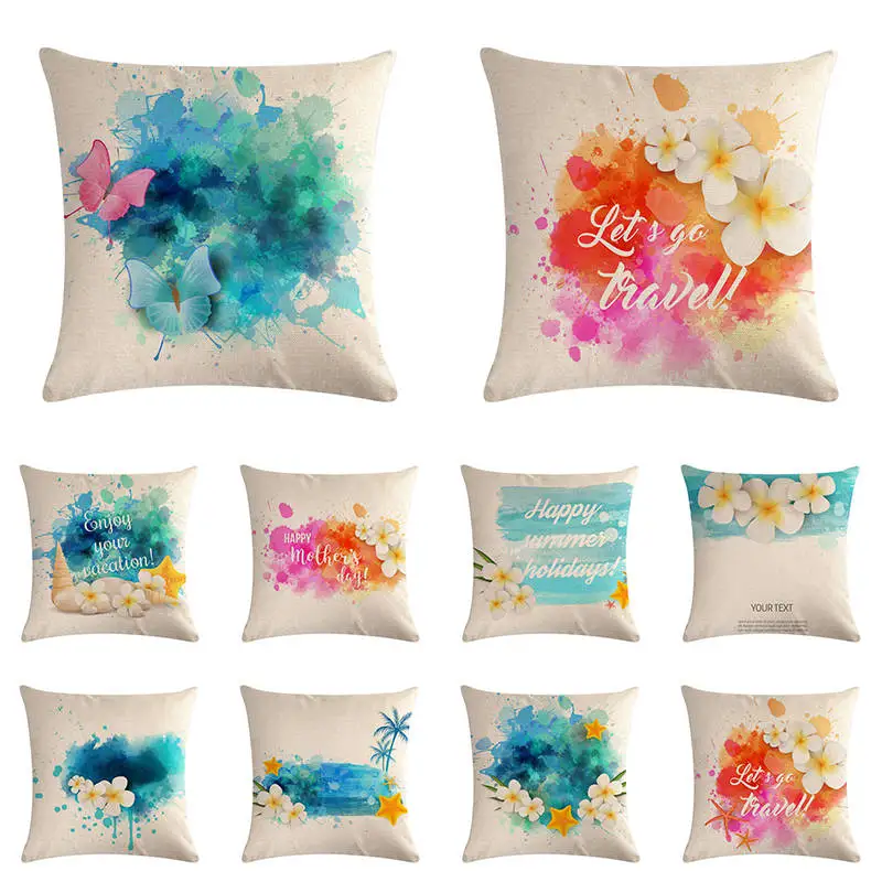 

Watercolor Hello Summer Holiday Travel Blue Pillow Case Simple Cushion Cover Dot Striped Decor Living Room Office Couch ZY1166