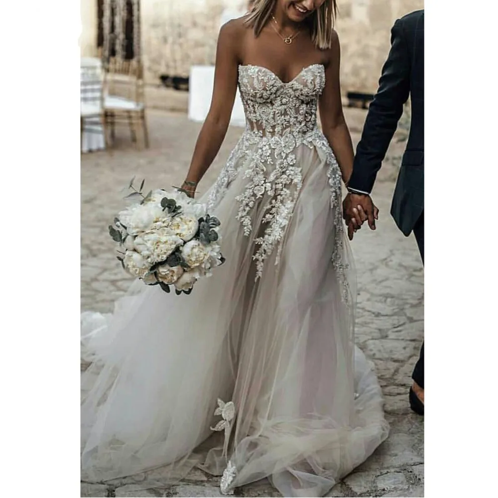 Милое платье для невесты феи из тюля аппликация с открытыми плечами бежевое vestido