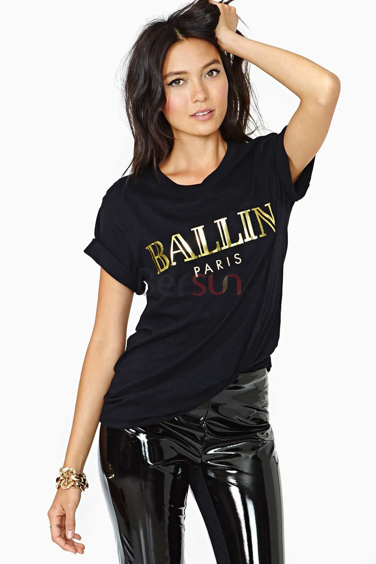 Bersun 2015 Summer Fashion Women T Shirt Letter BALLIN Bronzing Print Tops Tee Black O-neck Volumes Sleeve T-shirt | Женская одежда
