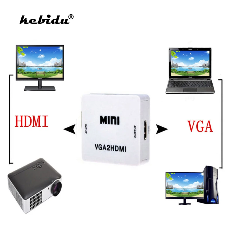 Kebidu высокое качество мини 1080p VGA к совместимому с HDMI конвертер адаптер аудио
