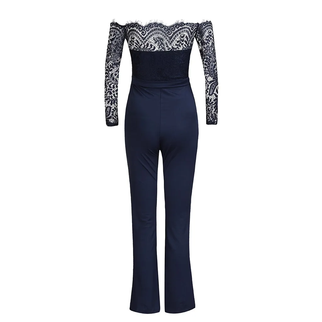 Женские комбинезоны женские длинные Pantalon Largo длинный рукав с открытыми плечами Slash шеи Кружева открытая спина комбинезон элегантный