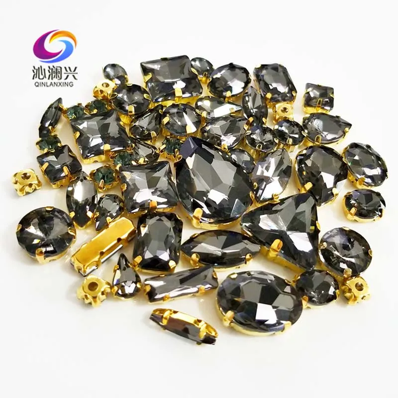

Factory sales 58pcs/pack Gold base gray top crystal glass sew on stones,mix size claw rhinestone diy/jewelry accessories SWG04