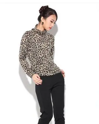 Leopard print turtleneck long-sleeve mulberry silk basic shirt hs-3859b | Женская одежда