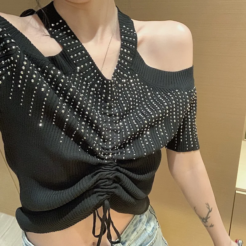 New Slim Fit Diamonds V-Neck Short Sleeve Fashion T-Shirt Womens Summer Sexy Open Shoulder Black Crop Tops Remeras Mujer | Женская