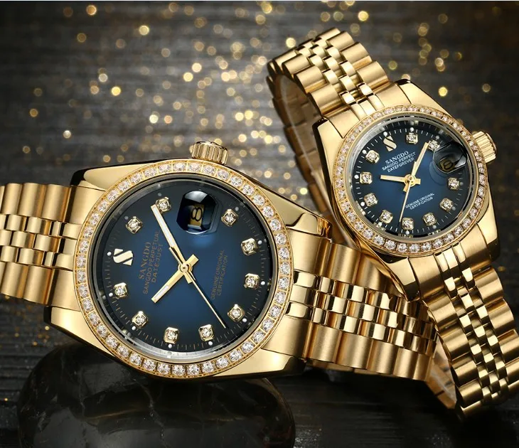 

Часы наручные SANGDO для пар, автоматические роскошные механические с синим циферблатом, 18KY, 03S