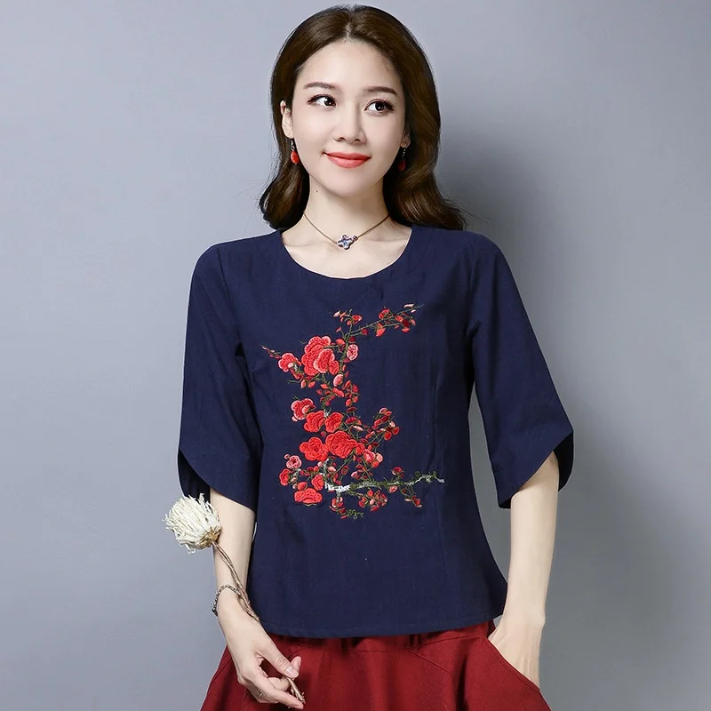 Женские китайские топы летняя футболка женская новая хлопковая льняная вышивка