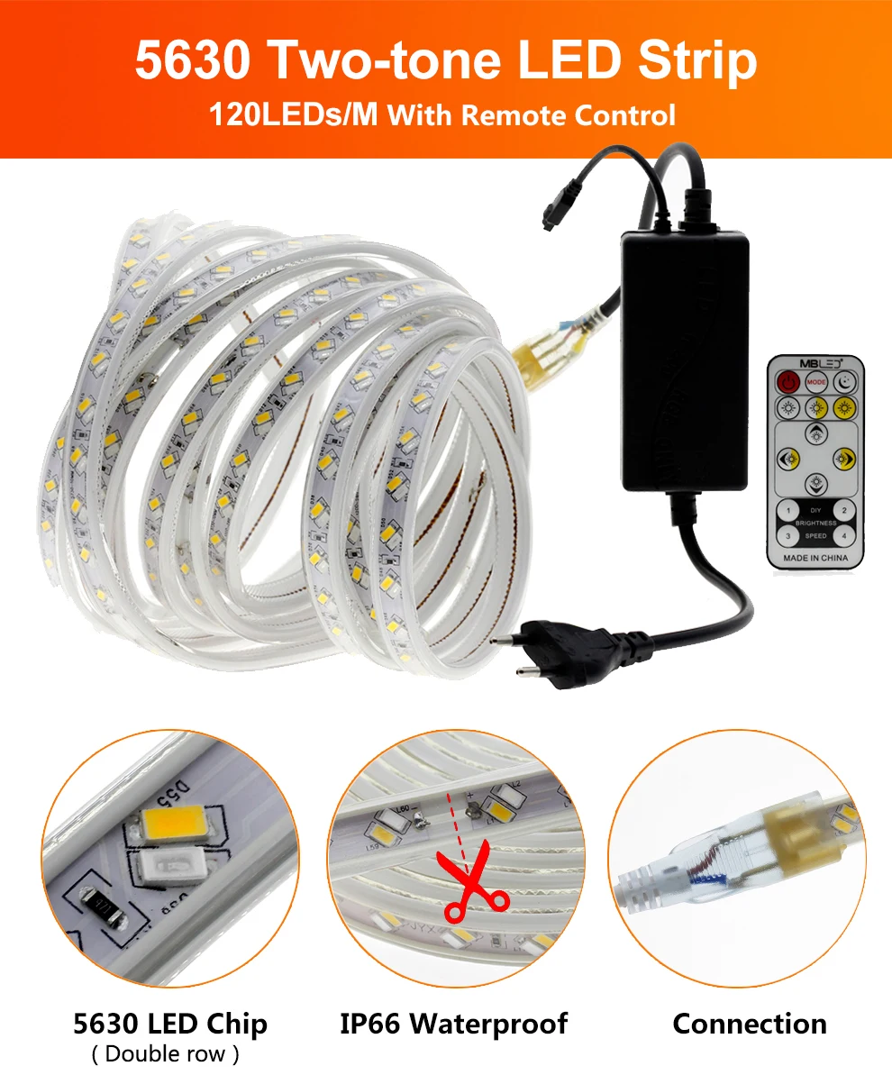 AC220V Светодиодная лента RGB сменный/теплый белый+ синий двойной цвет IP67 Водонепроницаемый для наружного использования гибкий светодиодный светильник полосы