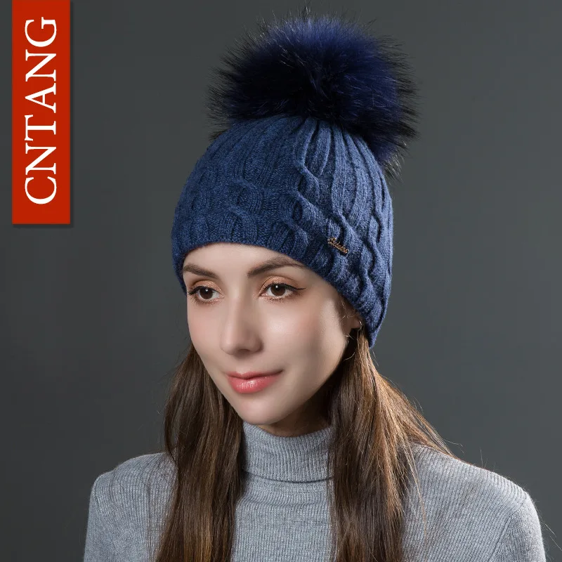 Navy Navy Pompom CNTANG двухслойные женские шерстяные шапки с натуральным помпон из меха енота теплые зимние шапки вязаные шапки с помпоном Модная женская шапка - Цвет: Navy Navy Pompom