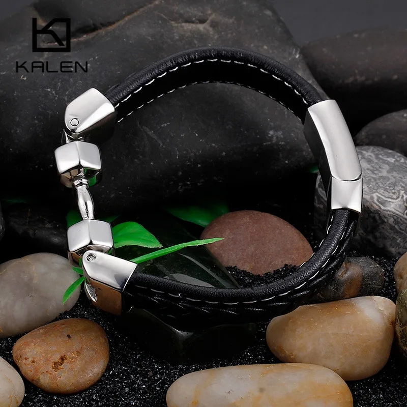 Винтажные черные кожаные браслеты KALEN для мужчин браслет из нержавеющей стали