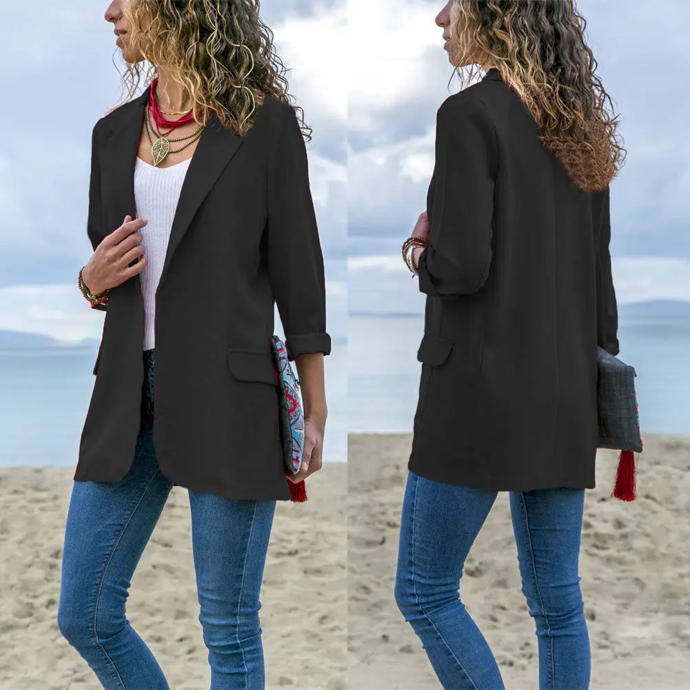 Модный женский блейзер с карманами приталенный деловой длинным рукавом куртка