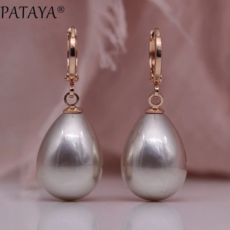 complexion PATAYA, новые серьги в виде капель воды, жемчужные, длинные серьги, 585, розовое золото, женские модные ювелирные изделия, для свадьбы, вечеринки, простые, тонкие, большие висячие серьги - Окраска металла: complexion