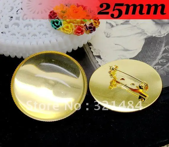 Free ship!25mm 200PCS Gold Plated Round Cameo Cabochon Setting Brooches brooch base blanks trays bezel