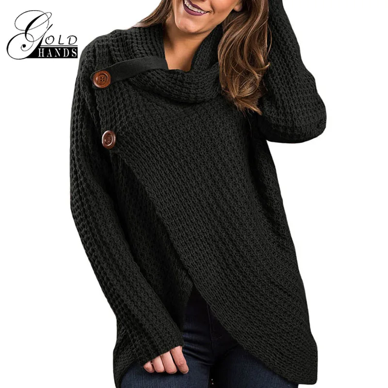 Gold Hands New Autumn And Winter Long Sleeve Pullovers Knitting Loose High Neck Split Sweater Female Button Tops Free | Женская одежда