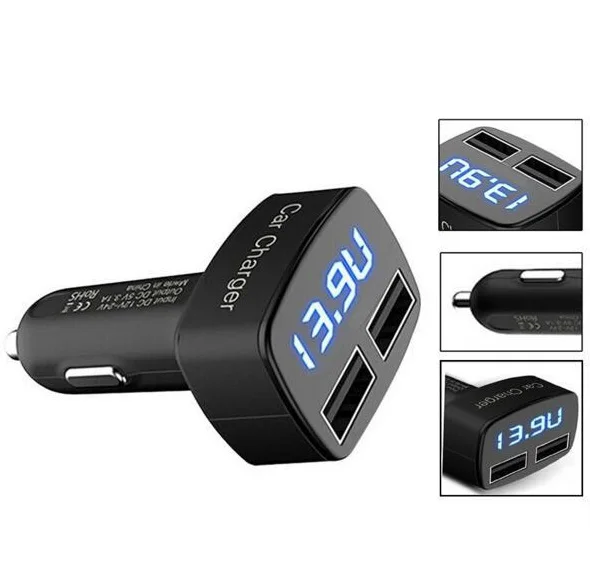 Автомобильное зарядное устройство с двумя USB портами вольтметр термометр