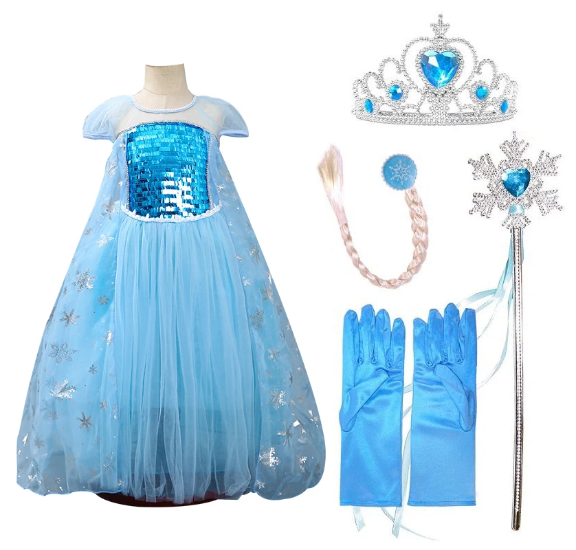 

Распродажа! Платье принцессы для девочек, детское синее платье Эльзы с блестками со шлейфом, костюм для вечеринки на Хэллоуин, рождественск...