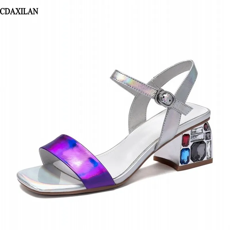 

CDAXILAN new arrival sandals women summer casual shoes genuine leather middle heel square heel buckle-strap silver blue sandal